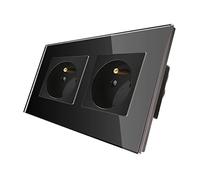 CNBINGO Prise Murale Electrique 16A - Prise Encastrable Standard Extra Plate - Double Prises de Courant Alternatif Panneau - Avec Panneau en Verre Trempé Noir