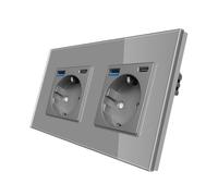 CNBINGO Prise Schuko encastrée avec type C et USB-A, 2 prises, verre gris | Double prise avec ports USB-A/C (max. 2,1 A), prise murale avec sécurité enfant, horizontale ou verticale, cadre en verre