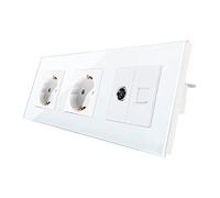 CNBINGO Prise Schuko encastrée en verre avec combinaison CAT6 réseau TV, double prise murale blanche, prise murale double avec cadre en verre