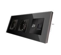 CNBINGO Prise Schuko encastrée en verre avec combinaison CAT6 réseau TV, double prise noire, prise murale double avec cadre en verre