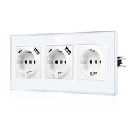 CNBINGO Prise USB triple avec griffes - Prise murale encastrée en verre Schuko avec connexion USB - 2× (Type-C et USB-A Max. 2,1 Amp) - Triple prise murale blanche avec sécurité enfant - JFGM2