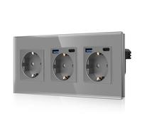 CNBINGO Triple prise avec 4 ports USB (charge rapide de 20 W) - 2 × (type C et USB-A) - Triple prise Schuko en verre encastrée - Prise murale grise avec sécurité enfant