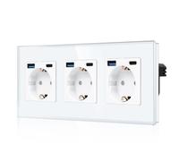 CNBINGO Triple prise Schuko avec 6 ports USB (charge rapide de 20 W), 3 (type C et USB-A), triple prise Schuko en verre encastrée, avec sécurité enfant, blanche