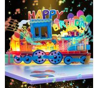 CNLITIHEKA Carte d'anniversaire train musical 3D, carte joyeux anniversaire voiture lumière et musique, carte de vœux d'anniversaire pop-up amusante pour garçons et filles, avec arc-en-ciel ciel bleu