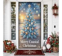 Coastal Beach Couvre-porte pour sapin de Noël 91,4 x 182,9 cm | Ornements en coquillages, panneau de porte d'entrée, accents d'étoile de mer, paysage de plage coucher de soleil