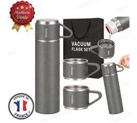 Cobye - Thermos 400 ml gris en acier inoxydable avec 3 tasses - Bouteille isotherme café et thé de voyage - voyage- chaud/froid