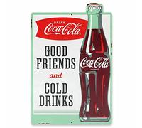 Coca-Cola Good Friends and Cold Drinks Panneau métallique vintage décoratif avec bouteille classique de Coca-Cola, pour cuisine, salle à manger ou espace personnel