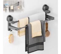 COCASES Porte-serviettes à ventouse sans perçage - Double pour paroi de douche - Sans collage - Avec 2 crochets à serviettes et longueur réglable - Pour porte de cuisine - Gris foncé - 41 à 75 cm
