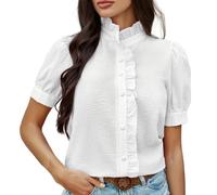 Cocila T-Shirt Femme Été Chemisier Chic Rayées pour Femmes Décontractées Bouffantes Manches Courtes Volants Col Montant Chemisiers De Travail Tshirt Grande Taille Tee Shirt Long Manche Blanc M