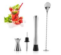 Cocktail Set Bar Kit, 4 Pièces Kit Cocktail avec Pilon à Cocktail, Doseur Cocktail, Cuillère à Mélanger, Verseurs Vitesse en Acier Inoxydable, Inoxydable Outil de Barman