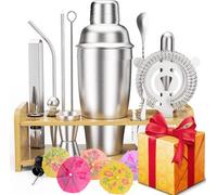 Cocktail Set Cadeaux pour femmes/hommes Cadeaux pour lui Acier inoxydable Cocktail Shaker Set Bonus Cocktail Book, épaississement Cocktail Making Kit avec Stand