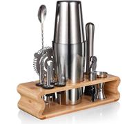 Cocktail Shaker Set Argent 550ML/750ML 12 pièces en acier inoxydable Barkeeper Kit Incl. élégant support en bambou Livret de recettes