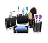 Cocoarm Ensemble d'Accessoires de Salle de Bain, 5 Pièces en Résine, Noir, Comprend Bouteilles de Lotion, Porte-Brosse à Dents, Tasse à Dents, Porte-Savon
