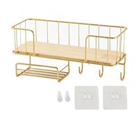 Cocoarm Étagère Murale en Fer Robuste et Bois Massif, Support de Rangement de Douche avec Crochets, 35 X 13 X 16 Cm, Organisateur Mural Peu Encombrant pour Salle de Bain, Chambre à Coucher, Salon