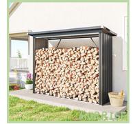 Cocosity Abri-Bûches Couvert Support Pour Bois De Chauffage Plancher Surélevé Toit Incliné, Acier Galvanisé 213X66,5X150Cm Gris
