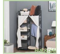 Cocosity Armoire Chambre Adulte Penderie Vêtement Dressing Multi Rangements 5 Étagères 84L X 42L X 159H Cm Métal Noir 2 Rideaux Bl
