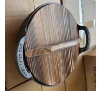 Cocotte en fonte avec couvercle en bois naturel, pré-assaisonnée sans revêtement, pot à ragoût à double poignée, compatible avec induction & cuisinière à gaz 20 cm,27 cm avec couvercle en bois,25 cm a