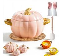 Cocotte en forme de citrouille avec couvercle, marmite en céramique, capacité 1,7 L (1,8 QT) avec deux poignées, compatible four, idéale pour soupes et plats au four (Pink,800ml)