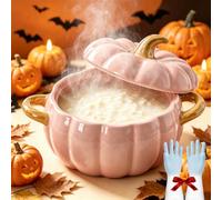 Cocotte en forme de citrouille, Marmite en Céramique avec Couvercle et Poignées,Plat Allant au Four et Micro-ondes, Ustensile de Cuisson pour Ragoûts, Soupes et Desserts (Rose,Petit)
