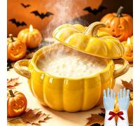 Cocotte en forme de citrouille, Marmite en Céramique avec Couvercle et Poignées,Plat Allant au Four et Micro-ondes, Ustensile de Cuisson pour Ragoûts, Soupes et Desserts (Jaune,Moyen)