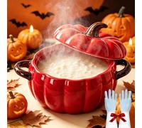 Cocotte en forme de citrouille, Marmite en Céramique avec Couvercle et Poignées,Plat Allant au Four et Micro-ondes, Ustensile de Cuisson pour Ragoûts, Soupes et Desserts (Rouge,Moyen)
