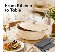 Cocotte ovale en fonte de 29 cm et 5 L avec couvercle, marmite de cuisson émaillée avec gants pour braiser, mijoter et servir Une brosse à récurer,Poêle + gantporcelaine