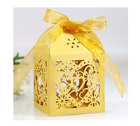 Codulu 50 pièces boîtes à bonbons en papier à motif ajouré cœur fleurs boîtes à dragées de mariage avec rubans boîte cadeau pour invités mariage,fête et anniversaires-or