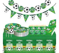 COEKI Kit Vaisselle Jetable Football, 42 Pièces pour 10 à 12 Invités Décoration Anniversaire Foot, Complet avec Nappe, Bannière, Fanion, Assiettes, Serviettes, Boîtes à Popcorn et Cartes de Gâteau