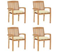 Coespram Lot de 4 chaises de jardin empilables en teck massif avec coussins | Chaises à accoudoirs peu encombrantes pour balcon, terrasse et salle à manger. Comprend un coussin d'assise doux pour un