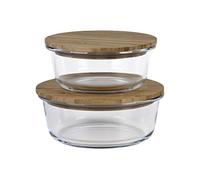Cofan Set de 2 Boîtes à Lunch Rondes en Borosilicate | Modèle Bambú | Couvercle en Bambou | Contenance 620-950 ml