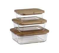 Cofan Set de 3 Boîtes à Lunch Rectangulaires en Borosilicate | Modèle Bambú | Couvercle en Bambou | Contenance 640-1040-1520 ml