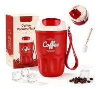 Coffee Vacuum Flask, Portable Coffee Cup with Leak Proof Lid & Handle, Stainless Steel Insulated Water Bottle for Hot and Cold Drinks, Vacuum Flask for Home & Office (Red Digital Display Model)