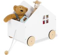 Coffre à jouets en bois avec système de traction par corde et roulettes en caoutchouc, à partir de 3 ans, blanc