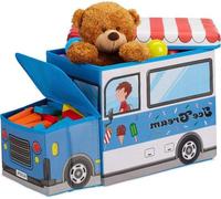 Coffre à jouets Pouf avec couvercle pliable - Design camion à glaces - 50 L bleu