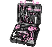 Coffre à outils - 126 pièces - rempli - Outils - Set d'outils - Mandrin à serrage rapide - avec perceuse sans fil 8V - Set d'outils à main de bricolage - Rose