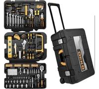 Coffre à outils décoratif à 3 compartiments - Assortiment d'outils - Coffret d'outils 258 pièces - Valise de voyage - Noir, jaune et métal.