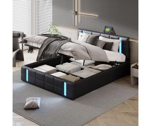 Coffre de lit Moonbite 160x200 cm, revêtementPolyuréthanenoir, avec ports USB et Type-C, éclairage LED intégré et repose-tête TV – système hydraulique