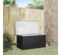 Coffre de rangement anthracite, dimensions 129x67x65 cm, résistant aux intempéries, idéal pour le jardin, la terrasse ou le balcon. Il est équipé d'un couvercle, de charnières, d'une poignée et d'un v