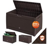 Coffre de Rangement Aspect osier Brun Malle 310 litres Stockage Coussins avec roulettes Extérieur Jardin