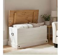 Coffre de rangement CAMPO, malle rectangulaire en bois style mexicain avec abattant, en pin massif lasuré blanc et brun
