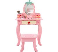 Coffre de rangement en MDF laqué rose avec motif de pomme, 1 tiroir et 2 étagères – Ensemble de coiffeuse pour enfant