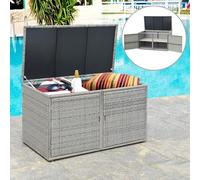 Coffre de rangement en rotin de 335 litres avec couvercle, coffre de jardin pour coussins avec double porte et 2 étagères, coffre pour coussins, boîte de rangement avec cadre métallique, coffre de jar