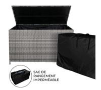 MonsterShop – Coffre à coussins 582L en rotin gris – sac imperméable, cadre acier, roulettes