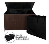MonsterShop Coffre à coussins 582L rotin marron – structure acier, roulettes, sac imperméable