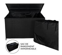 Coffre à coussins en rotin 582L et sac de transport étanche | Coffre d'extérieur pour grands coussins, couvertures, outils, jouets et meubles | Avec structure en acier, couvercle à vérin à gaz et roul