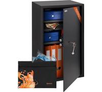 Coffre-fort Business XXL avec serrure, dimensions 73x40x36 cm, et sac de protection ignifuge format A4, capacité 102 litres. Grand coffre-fort en acier pour la maison ou le bureau, avec 3 étagères rég