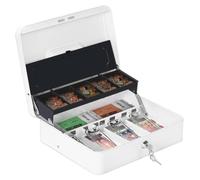 Coffre-fort métallique blanc avec serrure à clé, portable, dimensions : 30 x 24 x 9 cm. Idéal pour ranger de l'argent, à utiliser à la maison ou au bureau