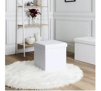 HOME DECO FACTORY - HD3402 Pouf Coffre de Rangement Pliable - Carré Simili Cuir Capitonné - pour Séjour - Dimensions H38 x L38 x P38 cm - Couleur Blanc