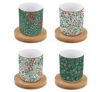 COFFRET 4 TASSES A CAFE EN PORCELAINE SOUS TASSES EN BOIS FLORAL FANTASY - EASYLIFE
