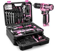 Coffret à outils - 238 pièces - Visseuse sans fil 12 V - Rose - Mallette en plastique avec tiroir
